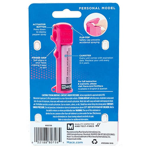 Mace Personal Model Pepper Spray and UV Dye - back view package Pink