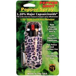 Pepper Shot 1.2% MC ½ oz Halo Holster - Leopard Black/Pink Package