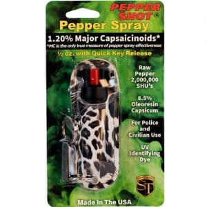 Pepper Shot 1.2% MC ½ oz Halo Holster - Leopard Black/White Package
